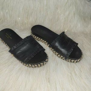 KATE SPADE Sz 8 Black Zahara Leather Espadrille Ruffled Slides Sandals
